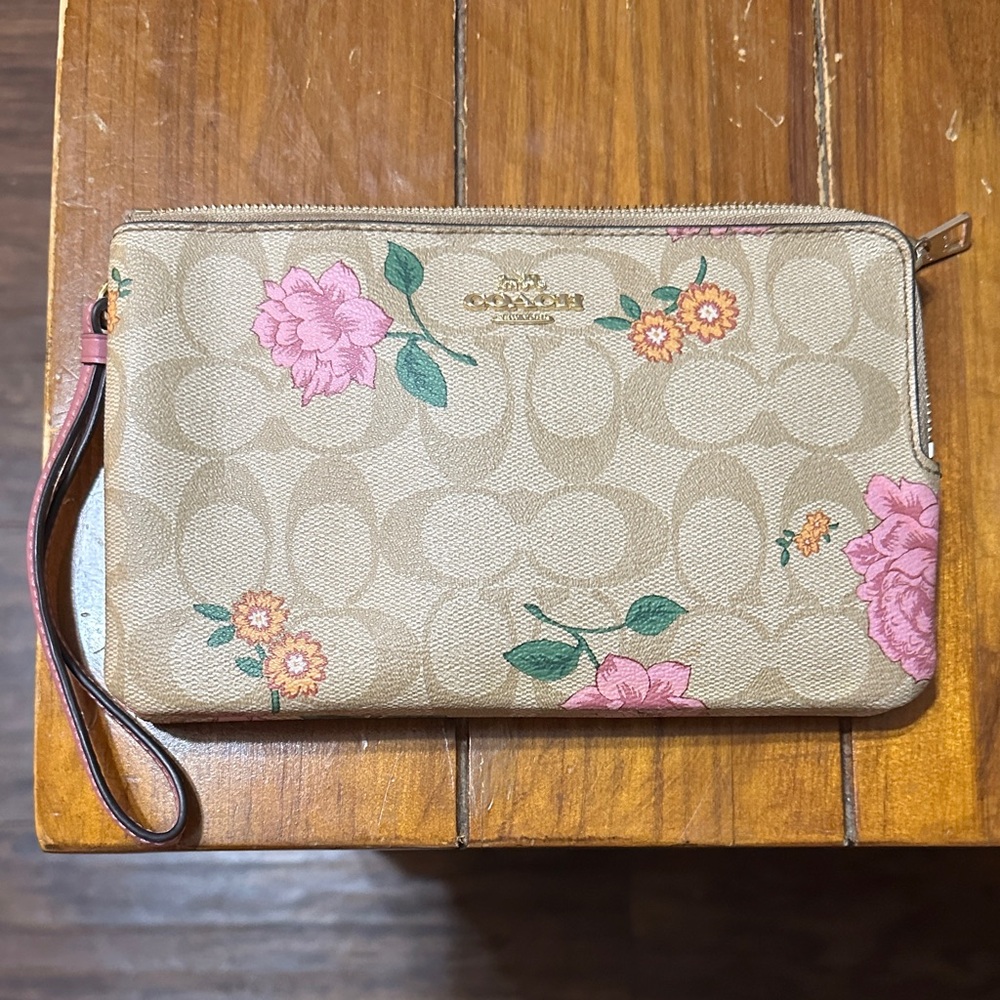 Coach Beige and Pink Floral Wristlet
